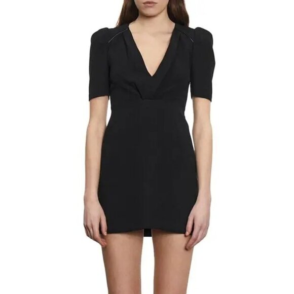 The Kooples Mini Dress Womens Size 2 Black Puff Sleeve Office Career V Neck NWT - Picture 1 of 10